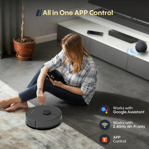 Woman using smartphone to control Robot Vacuum And Mop All In One Combo With Beastly 6000Pa Suction, Self Empty Dock, LiDAR Navigation.
