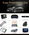 Solid Car Fuses Assortment Kit With Standard And Mini Blade Fuses Ranging From 2A To 40A Built For RV Truck Motorcycle And Daily Drivers Includes Fuse Puller And Organized Tray For Quick Fixes Without Headaches. Image showing fuse applications in various car components.