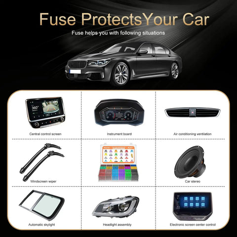 Solid Car Fuses Assortment Kit With Standard And Mini Blade Fuses Ranging From 2A To 40A Built For RV Truck Motorcycle And Daily Drivers Includes Fuse Puller And Organized Tray For Quick Fixes Without Headaches. Image showing fuse applications in various car components.