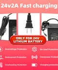 Fast 24V 2A Electric Scooter Charger for power chairs, includes plugs and protective features, only for 24V lithium battery