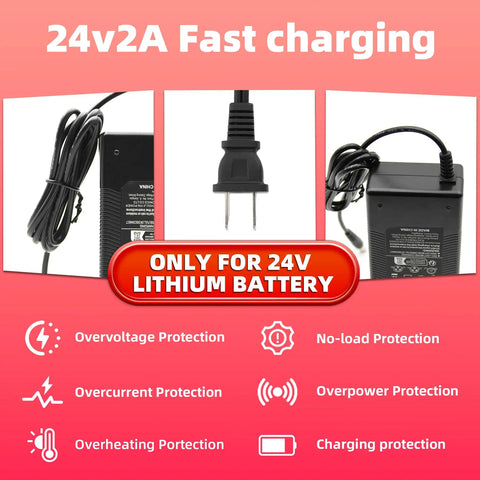 Fast 24V 2A Electric Scooter Charger for power chairs, includes plugs and protective features, only for 24V lithium battery