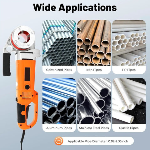 Electric Pipe Threader Kit With Six Dies For Fast Pipe Threading And Tapping, Portable Plumbing Tool Set, Durable Carbon Steel And High Speed Steel Threads For Precise High Temp Work And Efficient Jobsite Performance. Electric pipe threader for 0.82-2.35 inch pipes.