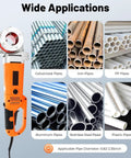 Heavy Duty Electric Pipe Threader Kit With Six Dies And Sturdy Toolbox, shown with galvanized, iron, and aluminum pipes.