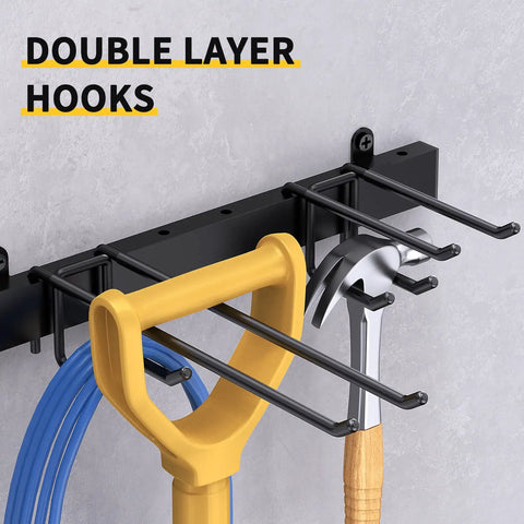 Double layer hooks on Garage Tool Organizer Wall Mount Kit With Broom Holder And Shovel Hanger Heavy Duty Shelving Rack