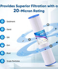 20 Inch By 4.5 Inch Heavy Duty Whole House Pleated Sediment Filter For Well Water Replacement Cartridge 2 Pack Fits ECP5 BB AP810 2 HDC3001 SPC 45 1005 CP5 BB ECP1 20BB providing 20-micron filtration, illustration of contaminant removal.