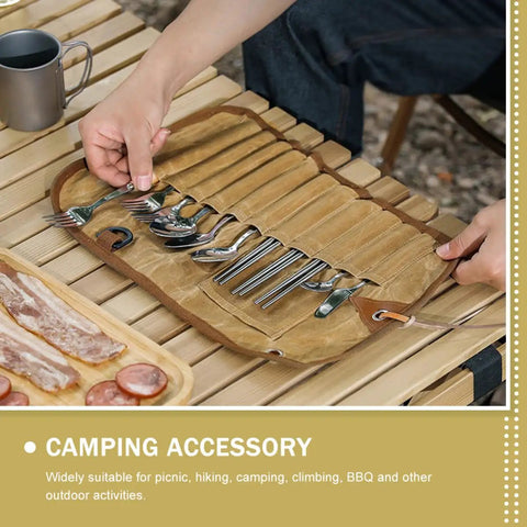 Trail Ready Stainless Steel Camping Utensil Kit With Spoon Fork Chopsticks in roll-up case on picnic table
