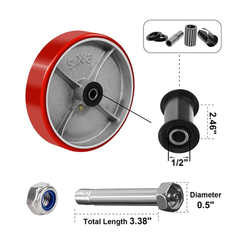 Heavy Duty 8 Inch Caster Wheels Set of 2 for Carts and Toolbox Replaceable One Half Inch Bore Polyurethane on Cast Iron Wheel Non Marking