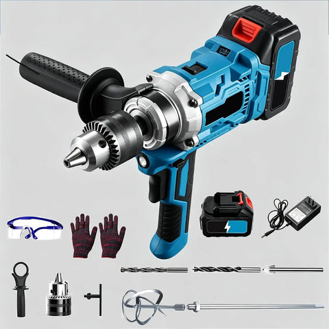 Cordless Drill And Cement Mixer With Two Speed Control And Rotatable Grip, Heavy Duty Power Tool for drilling and mixing accessories