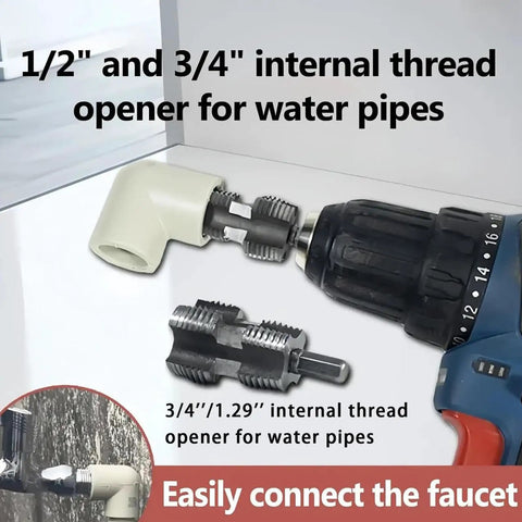 Electric Drill PVC Pipe Threader Kit With Internal And External Dies For One Half Inch, Three Quarter Inch And One Inch PVC Pipes, DIY Home Plumbing Tool, PVC Threading Set shown with drill attached and threading dies