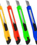 TIFICAL 4-pack box cutter set with 9mm snap-off blades; front view of yellow, red, green, and blue retractable knives