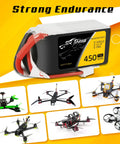 11.1V 3S 450mAh 75C LiPo Battery Pack with XT30 Plug and FPV multirotor drones in background