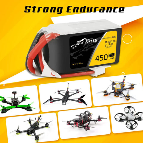11.1V 3S 450mAh 75C LiPo Battery Pack with XT30 Plug and FPV multirotor drones in background