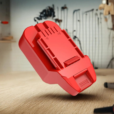 Adapter Upgrade For 20V Tools Compatible With DeWalt 20V Max Slider Li Ion Batteries Installation And Power Supply 1 Adapter Only High Temperature 14 AWG Wire For Reliable Quick Power Upgrades, red ABS housing on a workshop table.
