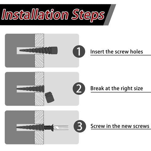 Installation steps for 15 Piece Wood Anchor Hole Repair Kit Set For Doors And Drywall Stripped Screw Hole Fix Easy Install