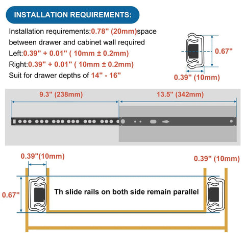 Installation requirements for Heavy Duty Ball Bearing Drawer Slides 12 Piece Set with precision measurements for smooth operation.