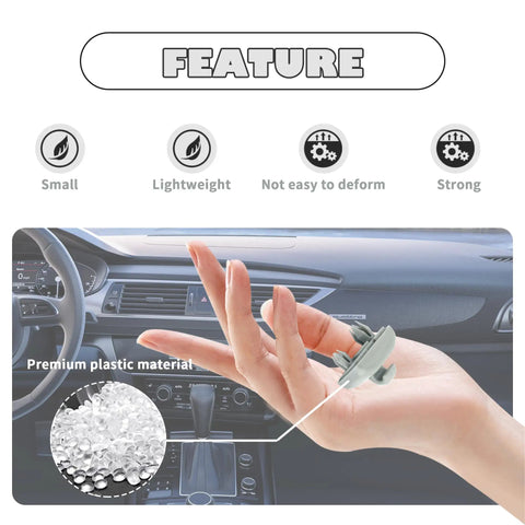 Audi Sun Visor Clips Replacement Kit, 2 Pcs, OEM 8E0857562, gray plastic clip held in hand, dashboard background