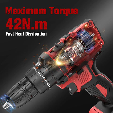 Beast 21V Cordless Drill Driver Set With 2.0Ah Battery Hammer Drill Mode 372 In Lbs Max Torque cutaway view showing internal gears