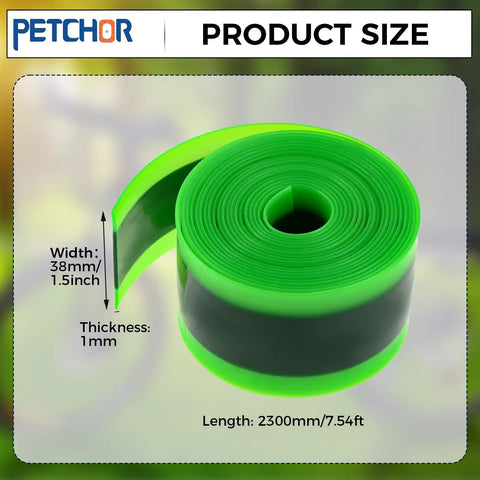 Two Rolls Fat Bike Tire Liners With TPU Puncture Protection For Inner Tubes Compatible With 12 To 29 Inch And 700C Mountain Bikes Easy Install Shields Nails Glass Spikes To Keep Your Rides Safe Smooth And Bulletproof showing green and black product dimensions.