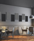 Modern dining area with 4 Pack Acoustic Panels 2 Inches Thick 23.6 By 11.8 Inches Fiberglass Sound Absorbing Panels For Studio Office Home Theater Charcoal Grey NRC 0.95 Next Level Sound Control For Recording Studios Home Theaters And Offices on wall