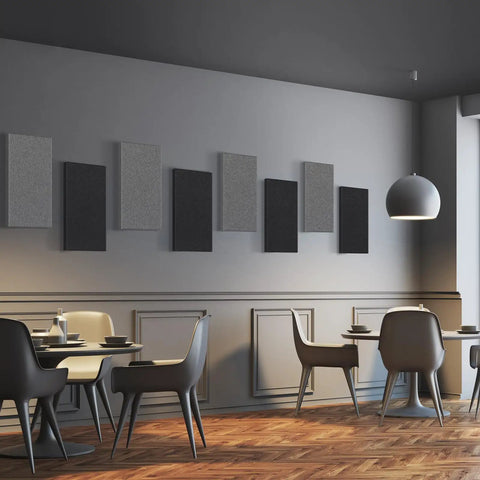 Modern dining area with 4 Pack Acoustic Panels 2 Inches Thick 23.6 By 11.8 Inches Fiberglass Sound Absorbing Panels For Studio Office Home Theater Charcoal Grey NRC 0.95 Next Level Sound Control For Recording Studios Home Theaters And Offices on wall