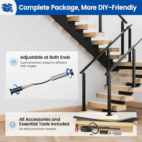 Full Size Pre Crimped Cable Railing Kit For Stairs 36 Inch complete package with adjustable tensioners and tools for easy setup.