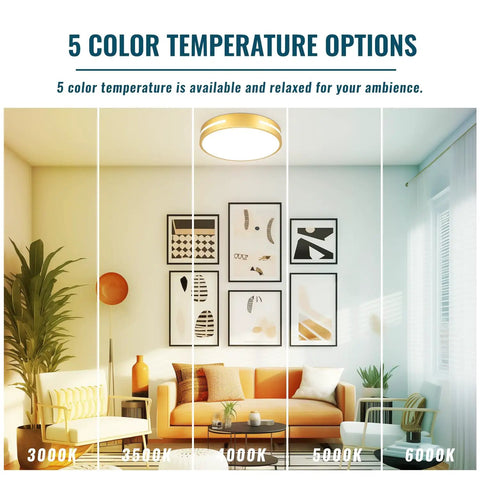 Close To Ceiling LED Flush Mount Light 12 Inch 24W With 5 CCTs Natural Light displaying color temperature options in living room.