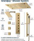 Hit Different Premium Brushed Gold Led Shower System With Bluetooth Speaker and Dual Ceiling Mounts, dimensions diagram.