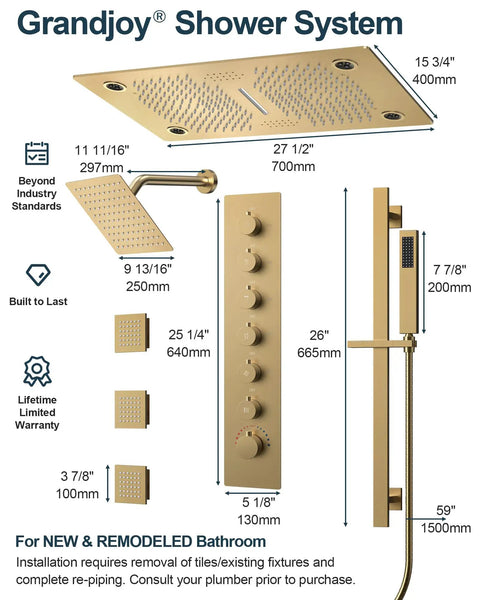 Hit Different Premium Brushed Gold Led Shower System With Bluetooth Speaker and Dual Ceiling Mounts, dimensions diagram.