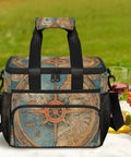 Insulated Picnic Backpack Tote For Work And Play Keeps Lunch Fresh On Picnics Beach Days Office Runs Campouts And Weekend Getaways Spacious 12 By 9 Inch Bag With Front Pocket And Padded Straps with map design on a picnic blanket with wine glasses and fruit.