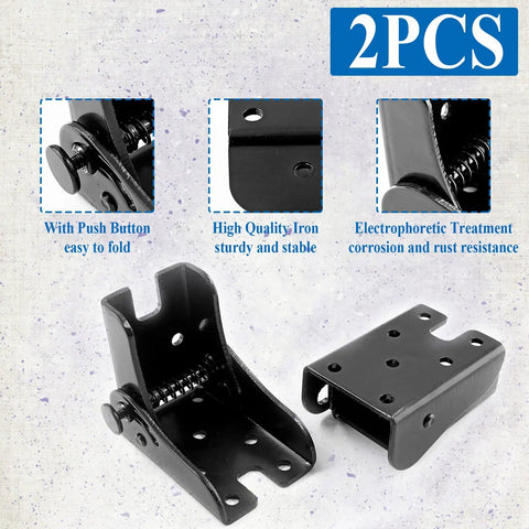 Skip The Hassle With These Heavy Duty Folding Table Leg Brackets In Black, showcases durable iron brackets with push button, 2 pieces.