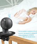 Solid As Nails Adjustable Metal Bunk Bed Fan Holder With Secure Locking Clamps For Dorm Rooms lofted beds, shown installed by a sleeping child.