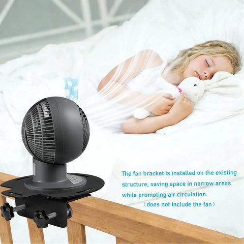Solid As Nails Adjustable Metal Bunk Bed Fan Holder With Secure Locking Clamps For Dorm Rooms lofted beds, shown installed by a sleeping child.