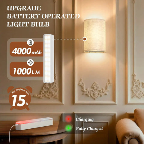 Wireless Rechargeable Wall Sconces Set Of Two Featuring 16 Rgb Hues And Three Warm Tones Delivering An Adjustable 1000 Lumen Glow That Gives Your Space Lowkey Vibes That Truly Slays, showing battery operated light bulb with charging status.