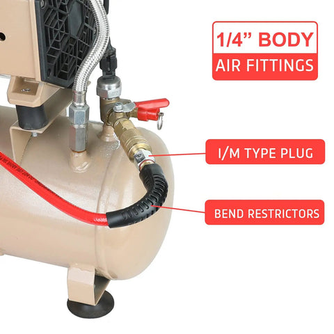 1/4 Inch Polyurethane Recoil Air Hose 10 Ft Self Coiling Compressor Hose with fittings, showing 1/4” NPT coupler and plug kit