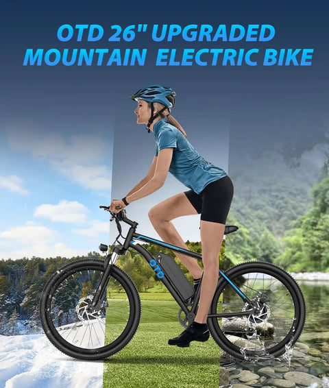 Woman riding All Terrain Electric Mountain Bike For Adults 1200W Peak Power Beast 28 MPH Top Speed 26 By 2.1 Inch Tires