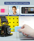 Robotic arm with Arduino 5DOF kit; collage shows color/face recognition demos and a hand placing a blue cube by a laptop.