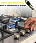 Person using 10 Pieces Piezoelectric Igniter Replacement Kit With Copper Contacts For Universal Electronic Igniter For Gas Stoves Ovens Burners Heaters Fireplaces And Spray Gun Lighters Repair Easy Install No Fuss on a modern gas stove.