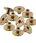 Bulletproof Screw In Tee Nuts M10 Three Eighth Inch Zinc Plated Carbon Steel Flange Inserts Pair on white background.