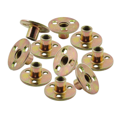 Bulletproof Screw In Tee Nuts M10 Three Eighth Inch Zinc Plated Carbon Steel Flange Inserts Pair on white background.