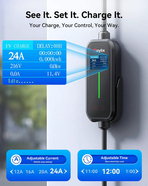 Upgraded Level 2 EV Charger With 24A Dual Outlet, Adjustable Current And Timer, NEMA 14-30 Dryer Outlet And 14-50 Plug, 21Ft J1772 Cable for fast charging.