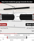 View of Pair Of 0.250 Wire Size Garage Door Torsion Springs 2 Inch Inside Diameter 30 Inch Length Built To Last Heavy Duty Replacement 18000 Cycles For 7 And 8 Foot Doors With 4 Inch Lift Drums inside garage with red and black cones, right and left wound.