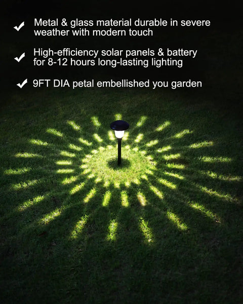 8 Pack Solar Pathway Lights Outdoor Waterproof Glass Stainless Steel Decor Lamps for Yard with cool white petal glow.