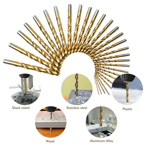 29 Piece Drill Bit Set Pro Grade M2 HSS 135 Degree Split Point Twist Jobber Length Kit For Hardened Metal Cast Iron Stainless Steel With Indexed Round Case One Sixteenth To One Half Inch displayed in a fan shape above material samples like sheet metal and plastic.