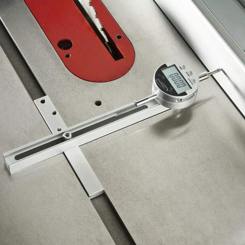 Digital Table Saw Gauge With ProGrade Hardened Aluminum Body, Anodized Black Finish, placed on table saw for accurate measurement