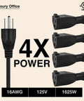 4 Way Power Splitter Pack Of 5 Turns One Outlet Into Four With Individual Cords 1.5 Foot 3 Prong Black SJT 16 AWG UL Listed