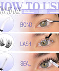 Lash Bond And Seal Clear Eyelash Glue With Lavender Essential Oil For Strong All Day Hold Waterproof Bond And Lock For Cluster Lashes DIY Lash Extensions And Sensitive Eye Adhesive, bond and seal applicators on eye