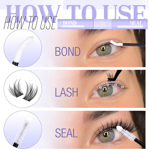 Lash Bond And Seal Clear Eyelash Glue With Lavender Essential Oil For Strong All Day Hold Waterproof Bond And Lock For Cluster Lashes DIY Lash Extensions And Sensitive Eye Adhesive, bond and seal applicators on eye