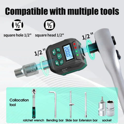 Half Inch Digital Torque Adapter Kit With Socket Adapters For Ratchet Or Breaker Bar, Two Percent Accuracy, LED Alerts
