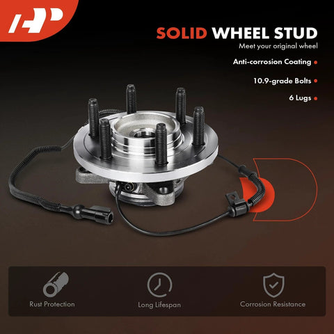 Front Wheel Bearing And Hub Assembly For Ford F150 Truck 2009 2010 4x4 6 Lug Compatible High Load Capacity Wheel Hub Replacement With Abs Sensor For Smooth Driving, showing anti-corrosion coated hub and ABS sensor.