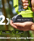 Close-up of hand holding battery for Cordless Mini Chainsaw With Dual 6 Inch And 8 Inch Guide Bars, 1000W Brushless Handheld Power Saw